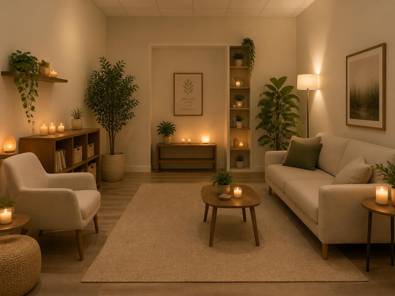 The Massage Valour treatment space with candles and plants in warm light