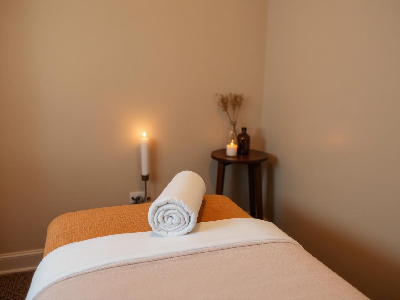 Treatment table prepared with a rolled towel and warm candlelight