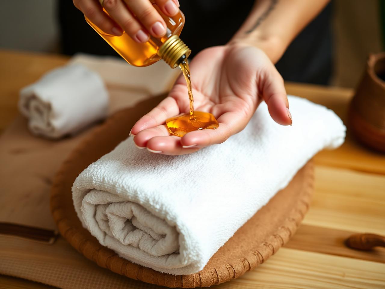 Therapist pouring warm massage oil before a treatment